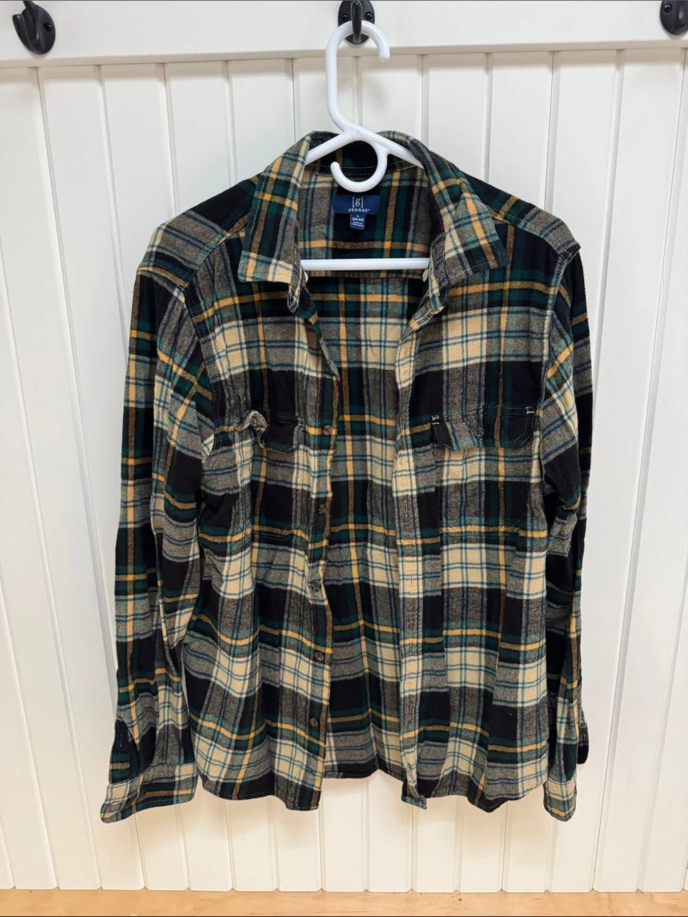 George Black, Cream & Green Plaid Flannel Shirt